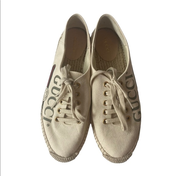 Gucci Cream Logo Print Platform Espadrilles Flats - Picture 5 of 7